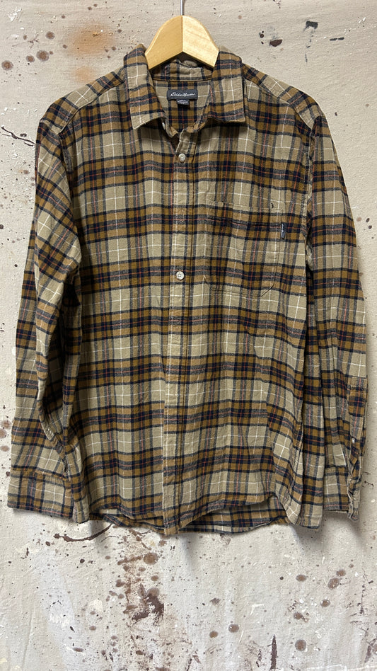 Eddie Bauer Long sleeve button down shirt Large Brown Plaid Cotton